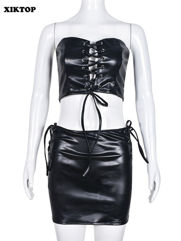 XIKTOP Leather Lace-up Skirt Set Women 2 Pieces 2023 Sexy Hollow Chest Warp Crop Top+Slim Skirts Y2K Outfits Gothic Night Clubw