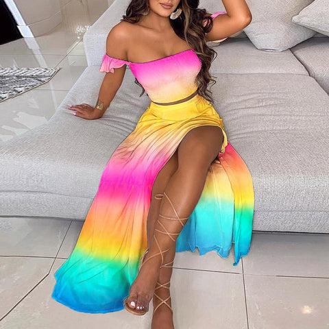 Summer New Women Sexy Slim Two Piece Set Off Shoulder Split Floral Print Crop Tops And Long Skirt Suit Lady Elegant 2 Piece Sets