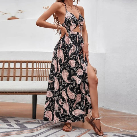 Sexy Deep V Spaghetti Strap Backless Split Long Skirts Lady Evening Dress Women Fashion Elegant Floral Print Solid Color Dresses
