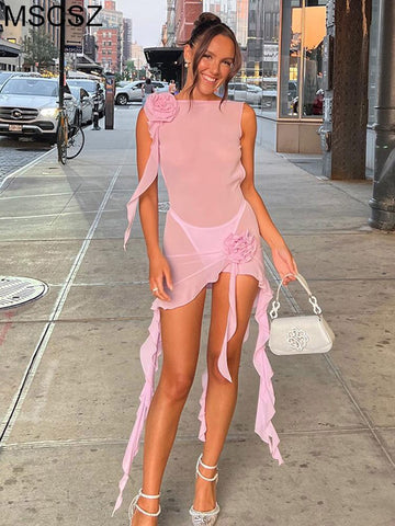 Mesh Ruffle Summer Mini Dress Sexy Backless Bodycon Transparent Beach Dress Cover-Ups Night Club Party Dresses For Women 2023