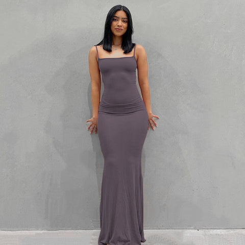 2022 New Summer Spaghetti Strap Black Skims Long Dress Women Sleeveless Solid Skinny Bodycon Trumpet Maxi Dresses Sexy Vestidos