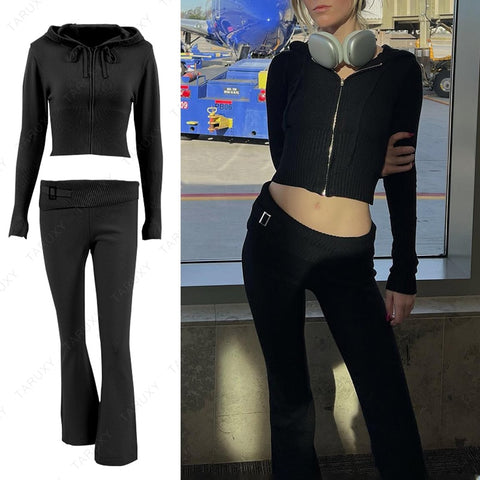 TARUXY Spring New Hoodie Cropped Top And Pants Sets White Y2k Casual Outfits Low Waist Knit Two Piece Sets For Women Tracksuit