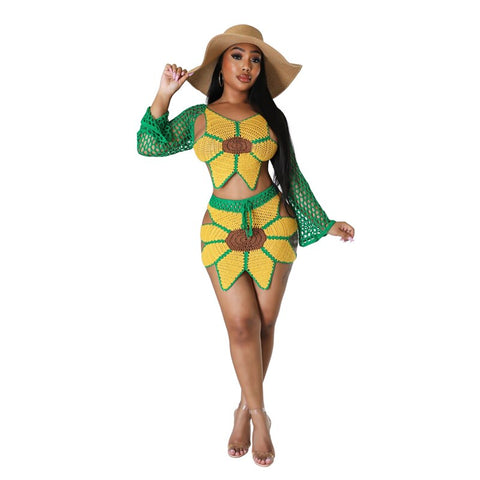 Hand Crochet Sunflower Knitted Two Piece Set Women Summer Beach Dress Suits Long Sleeve Lace Up Backless Crop Tops Mini Skirts