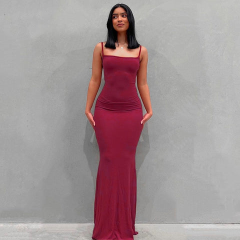 2022 New Summer Spaghetti Strap Black Skims Long Dress Women Sleeveless Solid Skinny Bodycon Trumpet Maxi Dresses Sexy Vestidos