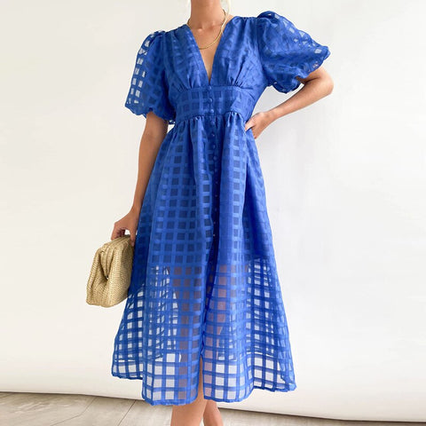 High Waist Lantern Sleeve V Neck Dress Solid Color Mesh Yarn Button Long Dress Casual Elegant Party Dresses Women Summer Vestido