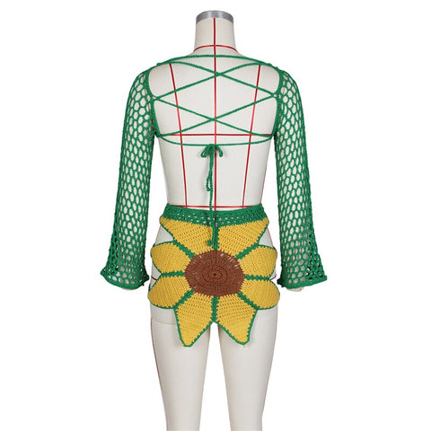 Hand Crochet Sunflower Knitted Two Piece Set Women Summer Beach Dress Suits Long Sleeve Lace Up Backless Crop Tops Mini Skirts