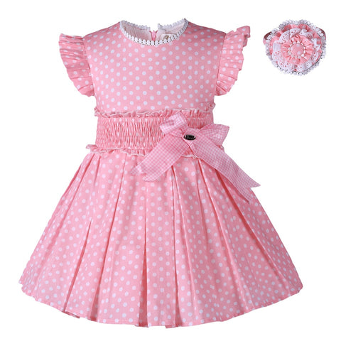 Pettigirl New Kids Princess Dresses for Baby Girls Summer Cotton Pink Polka Dot Dresses Clothese Size 2345681012Years & Hairband