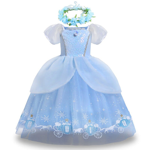 Disney Girls Luxury Cinderella Princess Dress Kids Sequins Flower Tulle Frock Ball Gown Children Halloween Party Cosplay Costume