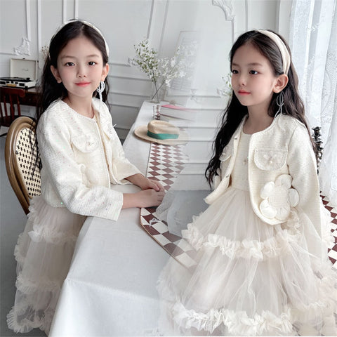 Princess Girls Clothes Set Spring Autumn Children Girls Outwear Coat +Tutu Dress 2pcs Vintage Sweet Outfits Suit for Girl 3-10y