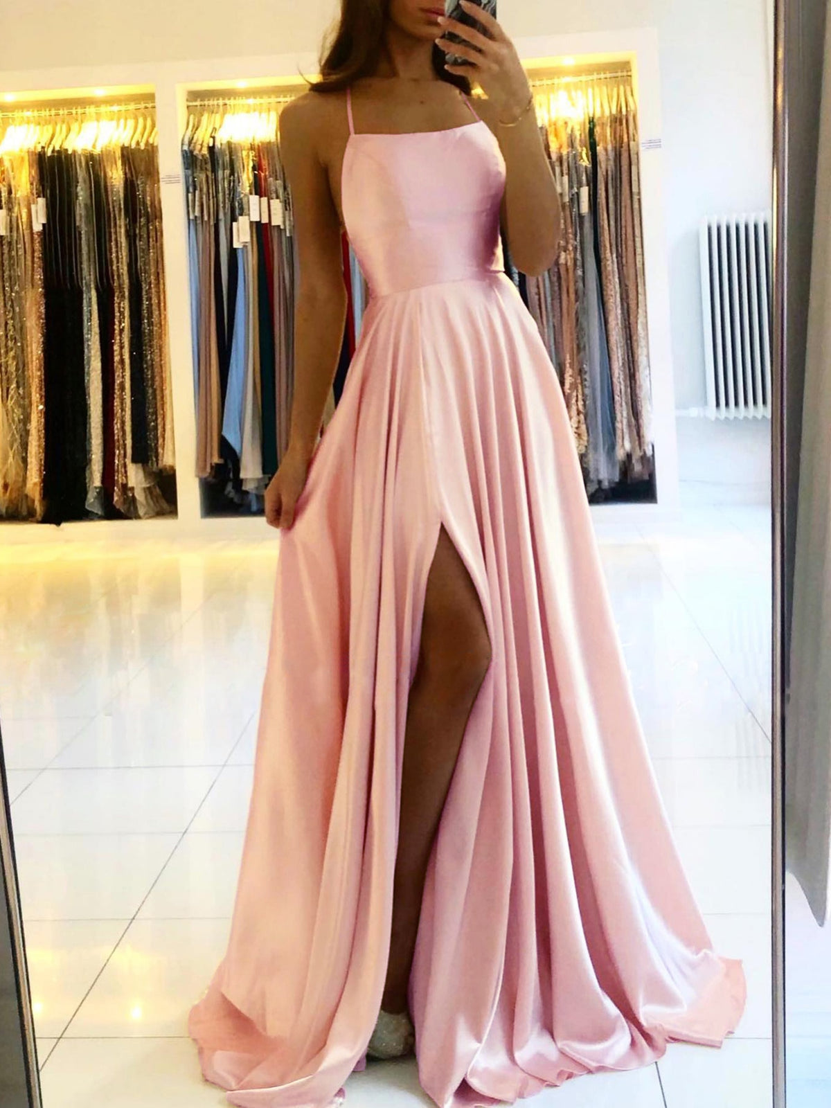 Women Spaghetti Strap Satin Prom Dress Long Elegant Mint Green Backless Summer A-line Maxi Evening Party Gown Vestidos Gala