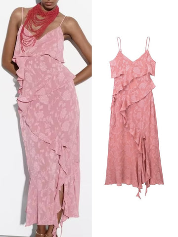 TRAF Summer Women Solid Camisole Dress 2023 New Female Deep V-Neck Layered Lace Decoration Spaghetti Strap Sheath Long Dress