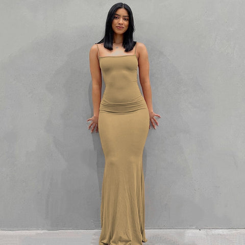 2022 New Summer Spaghetti Strap Black Skims Long Dress Women Sleeveless Solid Skinny Bodycon Trumpet Maxi Dresses Sexy Vestidos