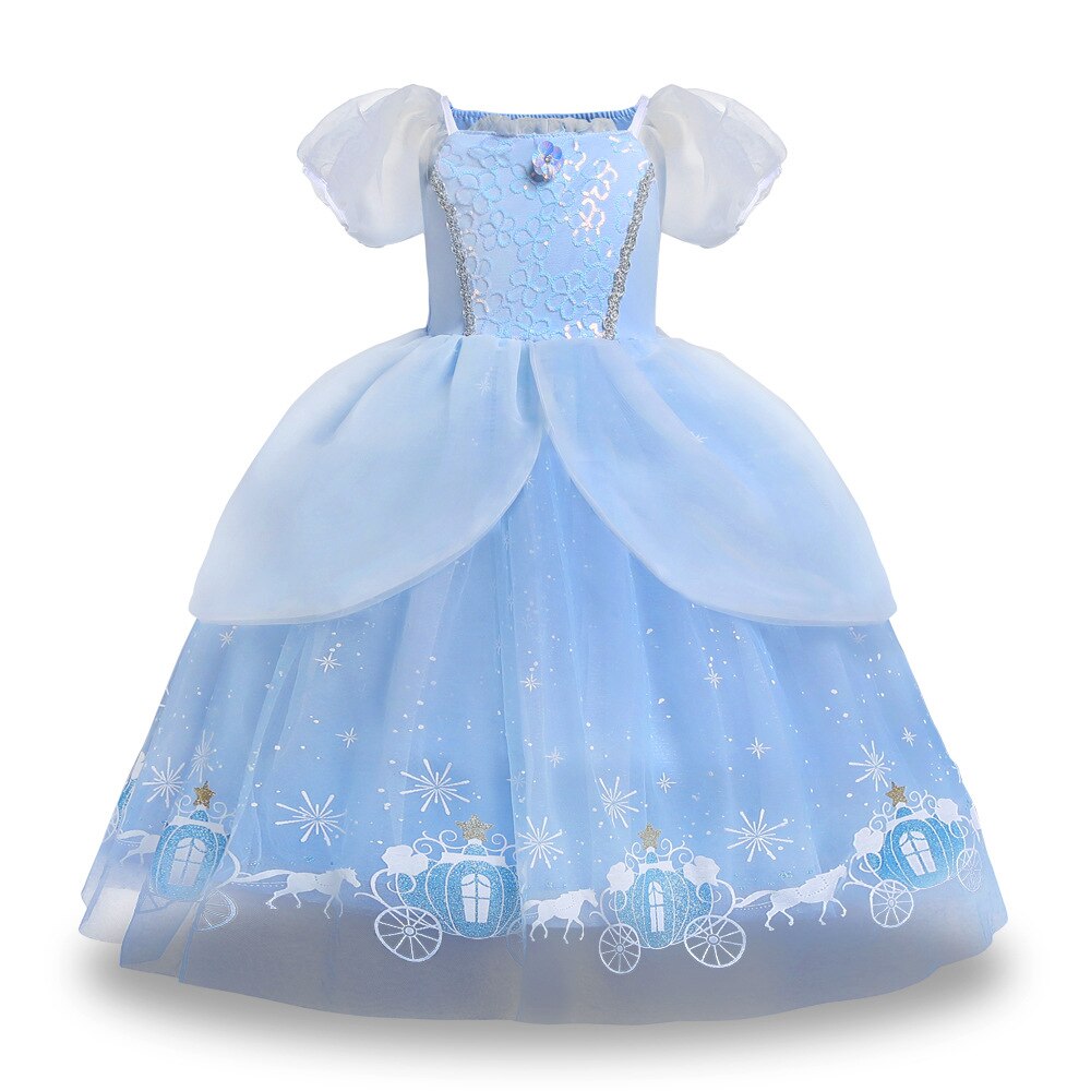 Disney Girls Luxury Cinderella Princess Dress Kids Sequins Flower Tulle Frock Ball Gown Children Halloween Party Cosplay Costume