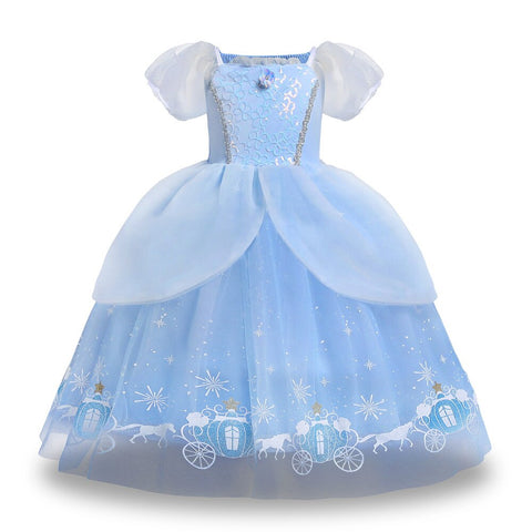 Disney Girls Luxury Cinderella Princess Dress Kids Sequins Flower Tulle Frock Ball Gown Children Halloween Party Cosplay Costume