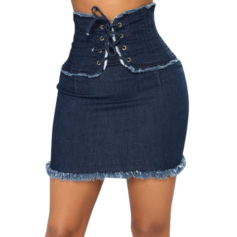 Solid Fashion High Women&#39;s Denim Up Casual Skirt Bodycon Jean Short Waist Lace Skirt Skirts for Teen Girls Mini Skirt Lingerie