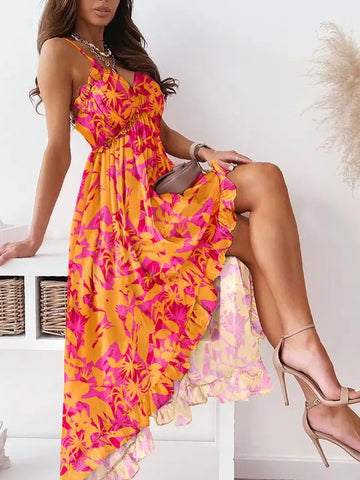 Vestido Boho Summer Dress Casual Chiffon Irregular Ruffled Dress Ladies Elegant Floral Print Sexy Spaghetti Strap V-neck Dresses