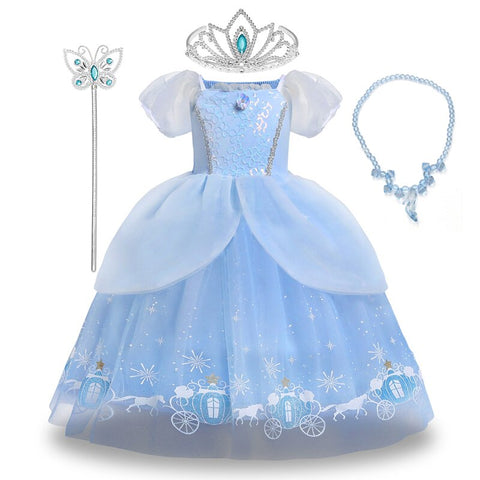 Disney Girls Luxury Cinderella Princess Dress Kids Sequins Flower Tulle Frock Ball Gown Children Halloween Party Cosplay Costume
