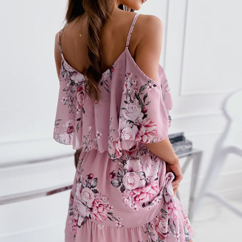 Women Floral Print Dress Summer Sexy Off Shoulder Ruffle Short Sleeve Dress Vestidos 2023 Elegant Casual Spaghetti Strap Dresses