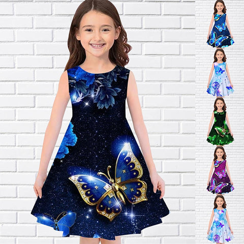 2022 Summer Girls 3D Print Dresses Kids Girl Party Sleeveless Princess Dress Tank 3D Print Pretty Colorful Butterfly Dress