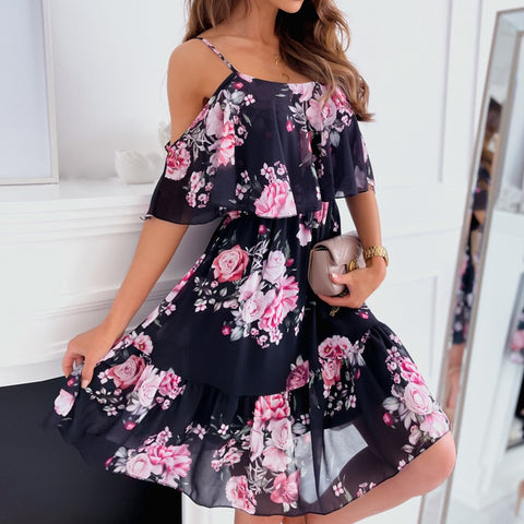 Women Floral Print Dress Summer Sexy Off Shoulder Ruffle Short Sleeve Dress Vestidos 2023 Elegant Casual Spaghetti Strap Dresses