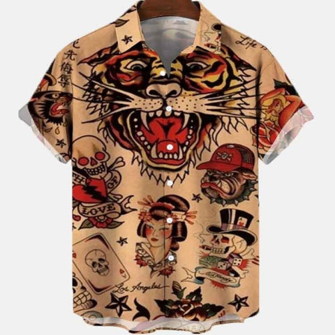 Men&#39;s Summer Dragon Pattern Element Street Costumes Skeleton Luxury Floral Social Casual Masculina Hawaiian Short Sleeve Shirt