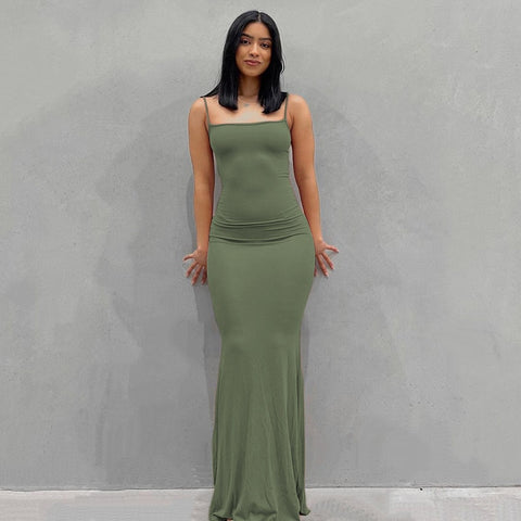 2022 New Summer Spaghetti Strap Black Skims Long Dress Women Sleeveless Solid Skinny Bodycon Trumpet Maxi Dresses Sexy Vestidos