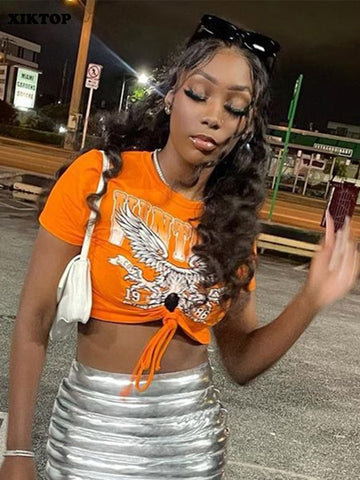 XIKTOP Printed Lace-up Tshirt Women 2023 Summer Sexy Hollow Out Crop Top Stylish All-Matching Y2K Clothes Casual Streetwear