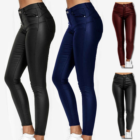 Women PU Leather Leggings Pants Solid Casual Sexy Stretch Bodycon Trousers High Waist Skinny Pencil Pants Fashion Slim Fit