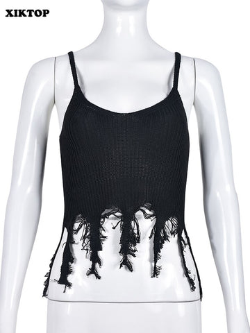XIKTOP Knitted Camisole Crop Top Women 2023 Summer Sexy Spaghetti Starp Y2K Clothes Stylish Tassel Tank Top CasuaL Basic Street