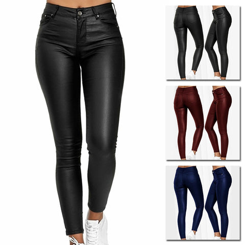Women PU Leather Leggings Pants Solid Casual Sexy Stretch Bodycon Trousers High Waist Skinny Pencil Pants Fashion Slim Fit