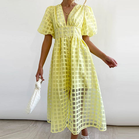 High Waist Lantern Sleeve V Neck Dress Solid Color Mesh Yarn Button Long Dress Casual Elegant Party Dresses Women Summer Vestido