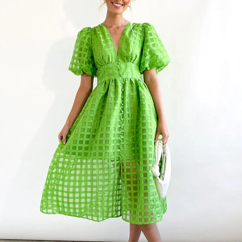 High Waist Lantern Sleeve V Neck Dress Solid Color Mesh Yarn Button Long Dress Casual Elegant Party Dresses Women Summer Vestido