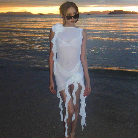 Mesh Ruffle Summer Mini Dress Sexy Backless Bodycon Transparent Beach Dress Cover-Ups Night Club Party Dresses For Women 2023
