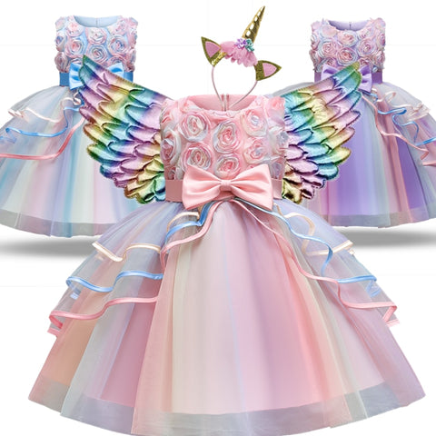Kids Unicorn Dress for Girls Flower Rainbow Princess Fancy Birthday Party Dress Halloween Perform Costume Unicorn Girl Dress