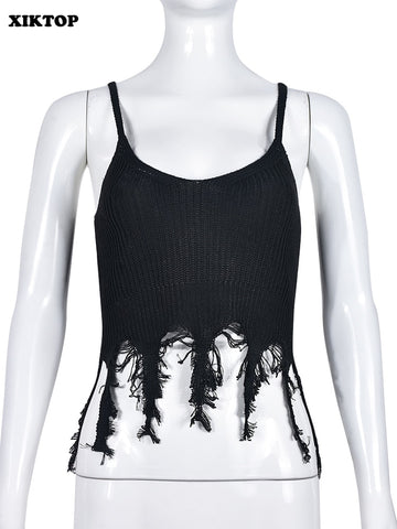 XIKTOP Knitted Camisole Crop Top Women 2023 Summer Sexy Spaghetti Starp Y2K Clothes Stylish Tassel Tank Top CasuaL Basic Street