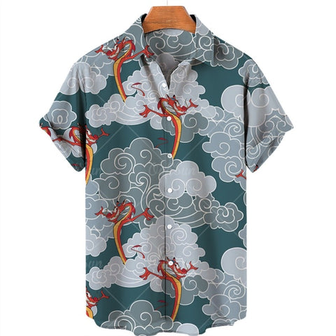 Men&#39;s Summer Dragon Pattern Element Street Costumes Skeleton Luxury Floral Social Casual Masculina Hawaiian Short Sleeve Shirt