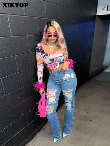 XIKTOP Aesthetic Printed T-shirts Women 2023 Stylish Feather Cuffs Y2K Clothes Sexy Slim Square Neck Crop Top Vacation Street