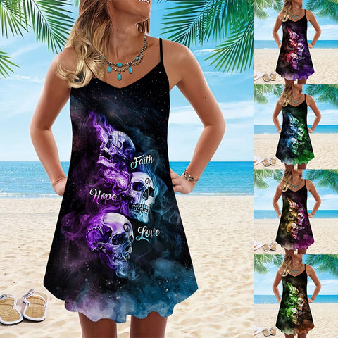 New Sleeveless Casual Long Dress For Women Spaghetti Strap Skull Print Dresses Knee-length Sling Casual Dress Plus Size