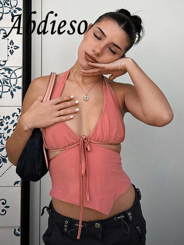 Abdieso Y2K Backless Sexy Cut Out Summer Crop Top Women Black Streetwear Fashion 2023 Halter Neck Sleeveless Lace Up Tank Tops