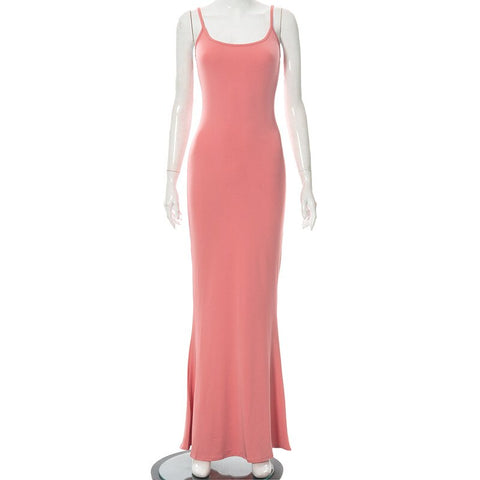 Women Summer Sexy Solid Spaghetti Strap Backless Bodycon Maxi Mermaid Dress 8 Colors