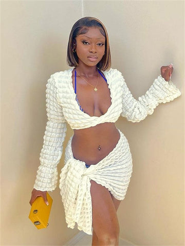 Habbris Autumn Sexy Solid 2 Two Piece Set Club Outfit For Women 2022 Long Sleeve Crop Top And Mini Skirt Set Female Matching Set