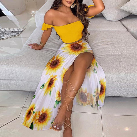 Summer New Women Sexy Slim Two Piece Set Off Shoulder Split Floral Print Crop Tops And Long Skirt Suit Lady Elegant 2 Piece Sets
