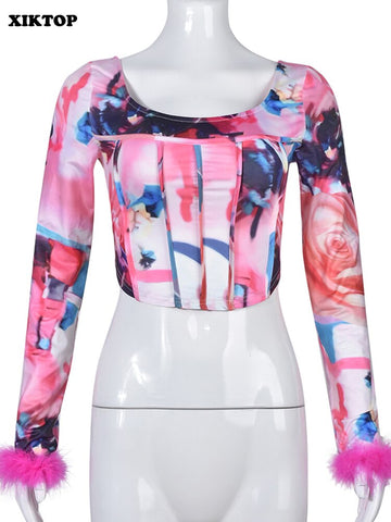 XIKTOP Aesthetic Printed T-shirts Women 2023 Stylish Feather Cuffs Y2K Clothes Sexy Slim Square Neck Crop Top Vacation Street