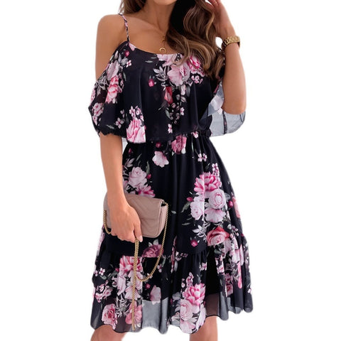 Women Floral Print Dress Summer Sexy Off Shoulder Ruffle Short Sleeve Dress Vestidos 2023 Elegant Casual Spaghetti Strap Dresses