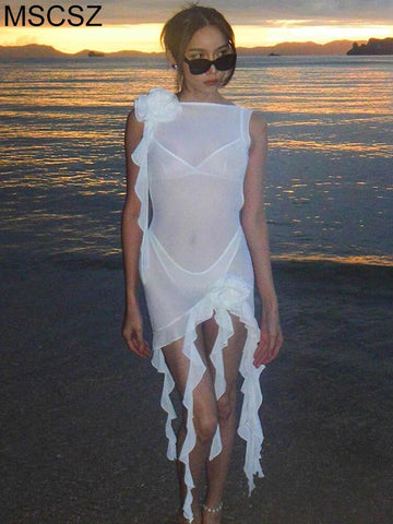 Mesh Ruffle Summer Mini Dress Sexy Backless Bodycon Transparent Beach Dress Cover-Ups Night Club Party Dresses For Women 2023