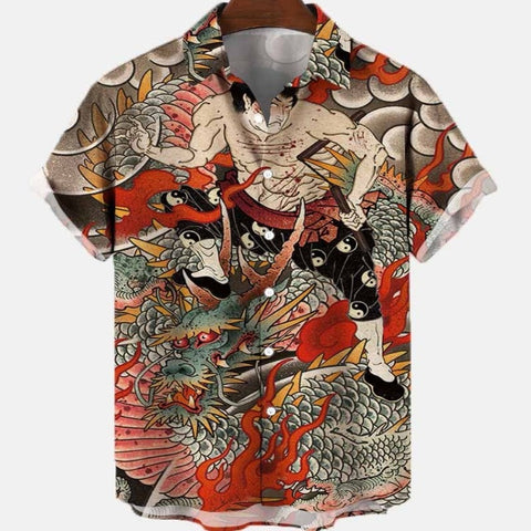 Men&#39;s Summer Dragon Pattern Element Street Costumes Skeleton Luxury Floral Social Casual Masculina Hawaiian Short Sleeve Shirt