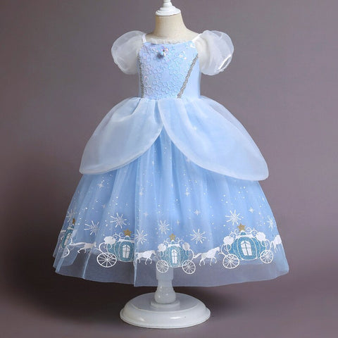 Disney Girls Luxury Cinderella Princess Dress Kids Sequins Flower Tulle Frock Ball Gown Children Halloween Party Cosplay Costume