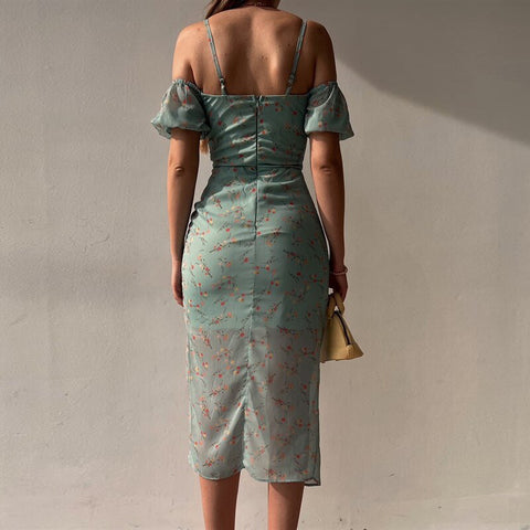 Puff Sleeve Off Shoulder Chest Wrap Slim Fit Dress Chiffon Floral Print Summer Dress For Women Sexy Spaghetti Strap Club Dresses