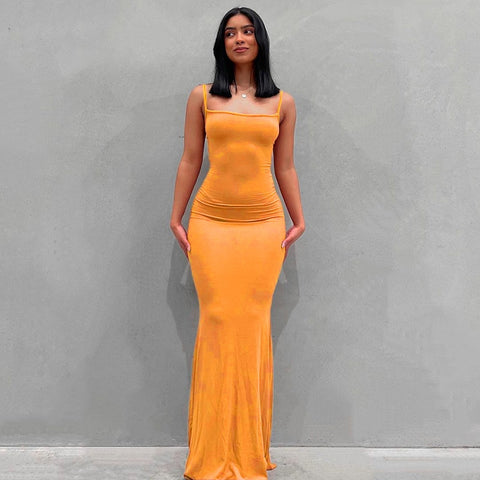 2022 New Summer Spaghetti Strap Black Skims Long Dress Women Sleeveless Solid Skinny Bodycon Trumpet Maxi Dresses Sexy Vestidos