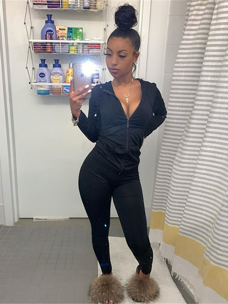 Kliou autumn two piece set women long sleeve hooded zipper pocket sporty Jackets+leggings matching sets workout stretchy outfits